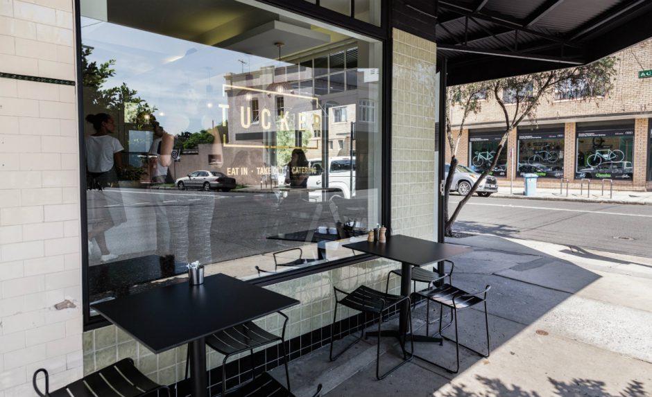 Exterior shot of Tucker cafe in Sydney featuring NOROCK Parkway self-stabilising table bases