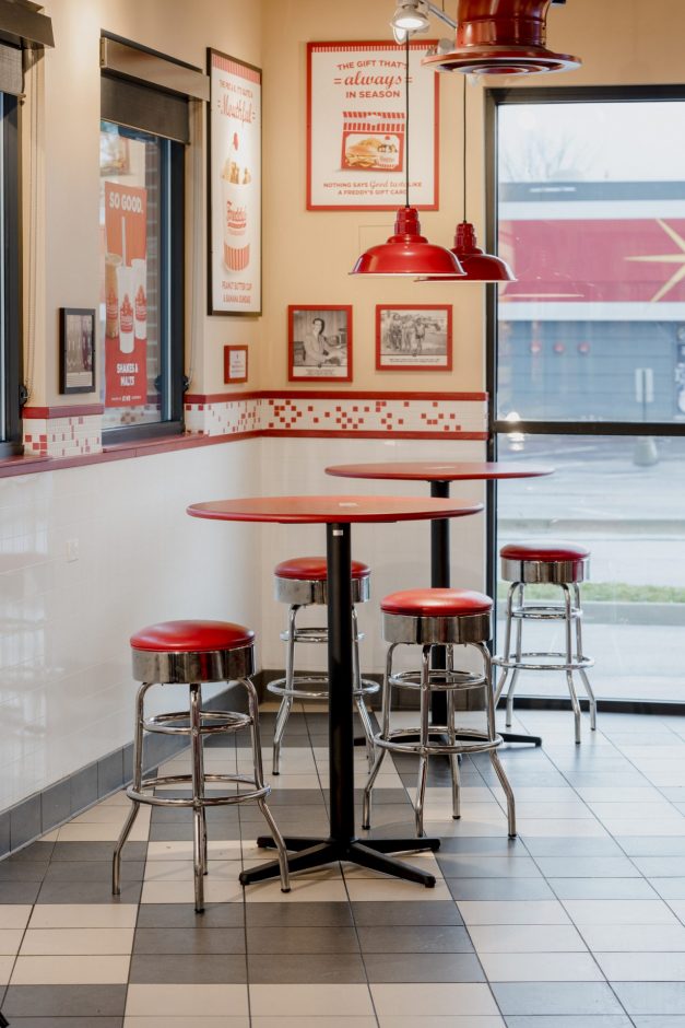NOROCK bar height self-stabizing table bases at Freddy's Frozen Custard