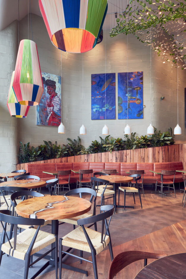 Nando's interior with bold colours and self-stabilising table bases