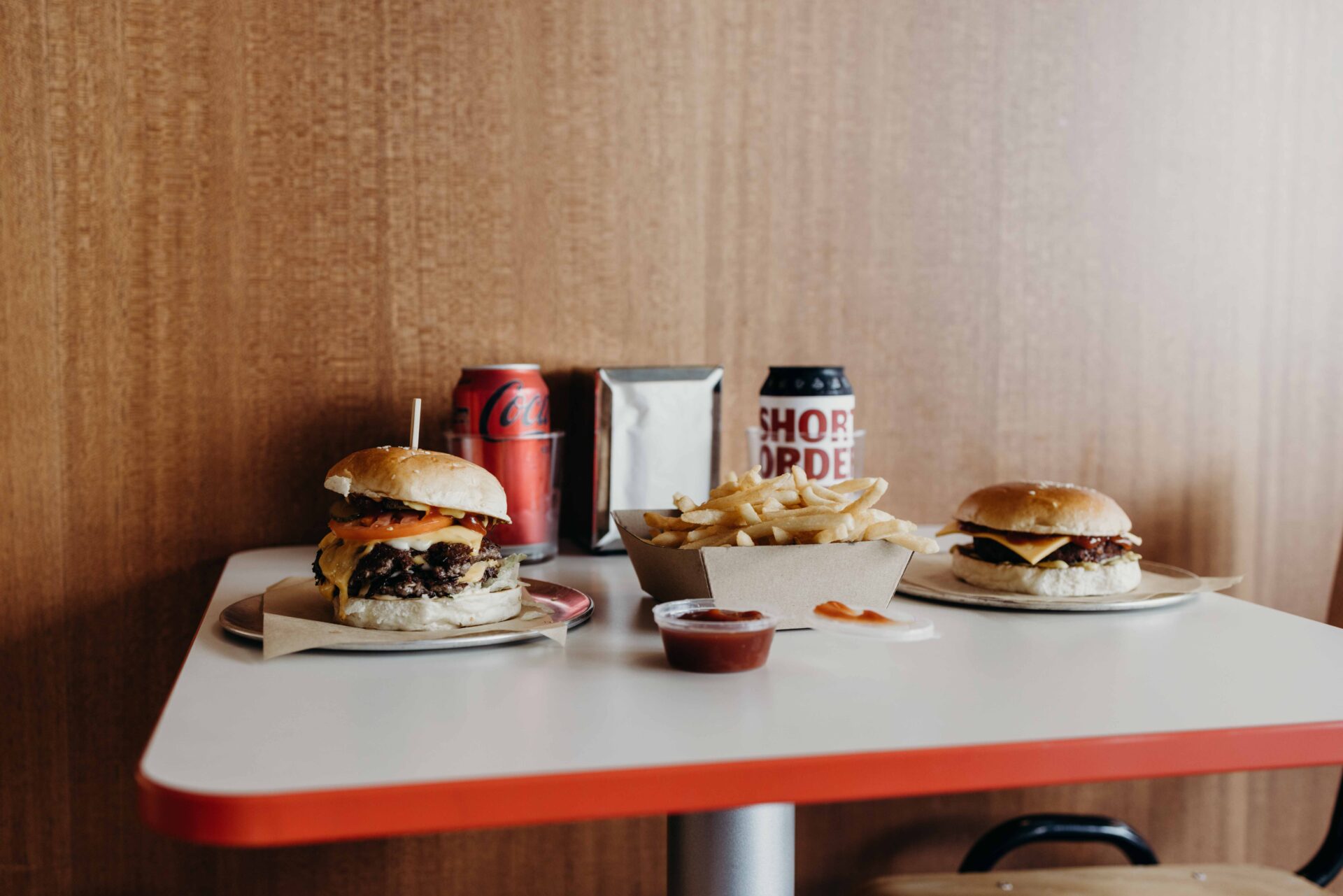 Short Order Burgers and Fries on a NOROCK table