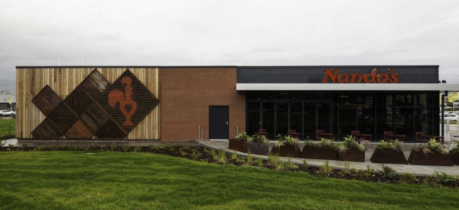 Exterior of Nando's Paisley showcasing its modern architectural design and lively atmosphere