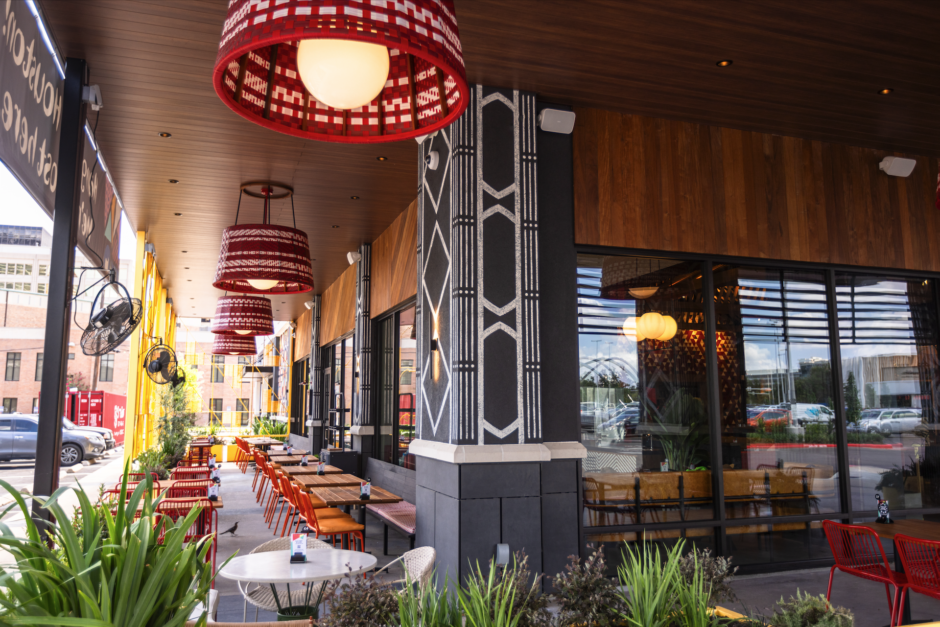 Nando's Post Oak Houston Texas with NOROCK Parkway self-stabilizing table bases outdoors